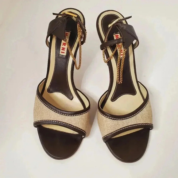 Marni Ankle Chain Leather Canvas Open Toe Heels 37.5 - Picture 1 of 8